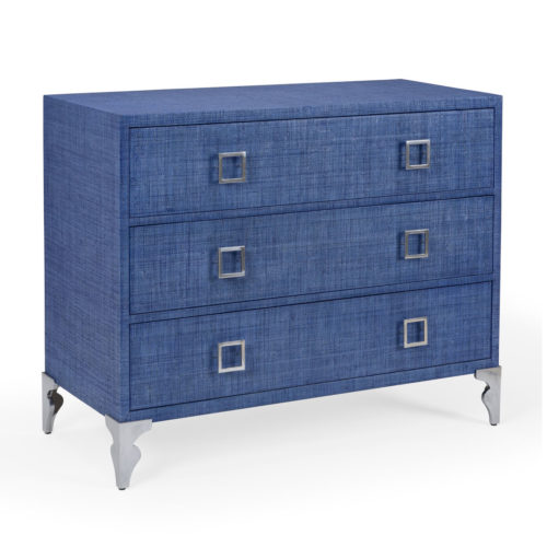 Woven raffia accent chest with three drawers. This wooden chest wrapped in blue woven raffia. The chest comes with brushed nickel legs and pulls. Woven raffia finish in rich blue is a perfect accent for a coastal contemporary loo